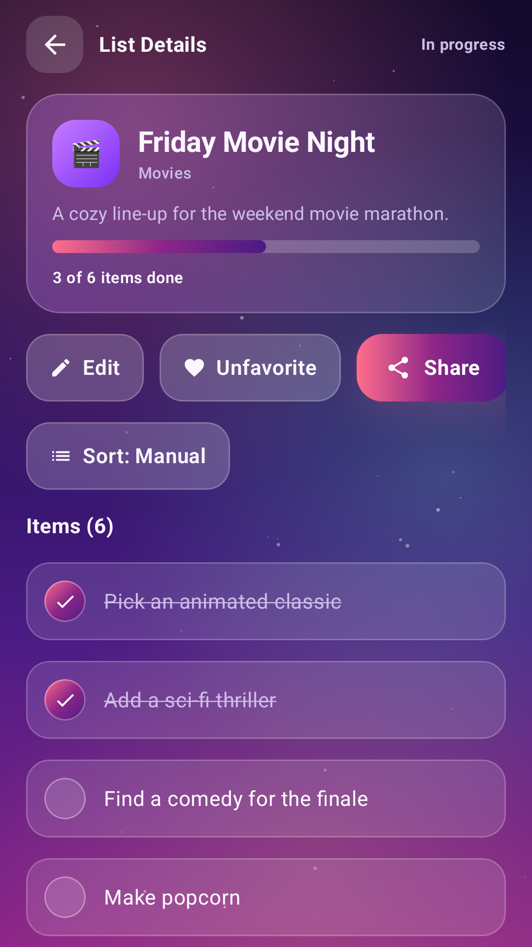 List Details screen in Checklist Bliss