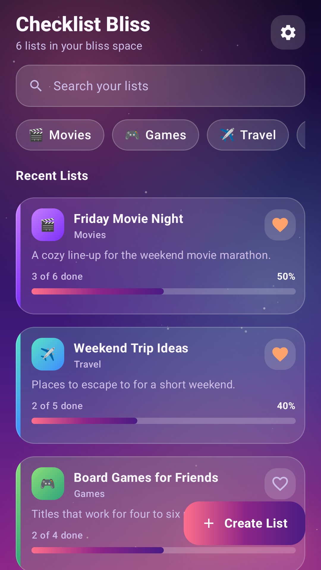 Checklist Bliss home screen with recent lists